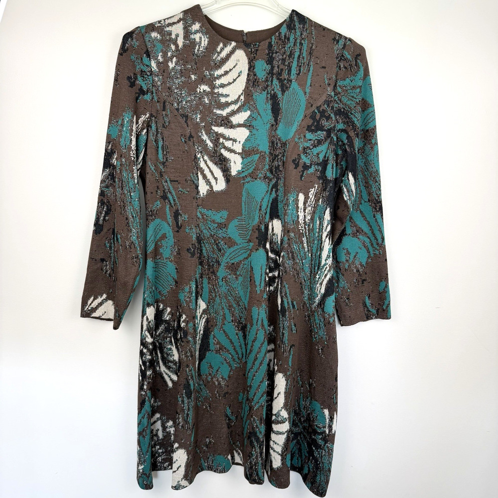 Ming Wang Floral Jacquard Knit Dress Women's Large Brown Teal Long Sleeve Career